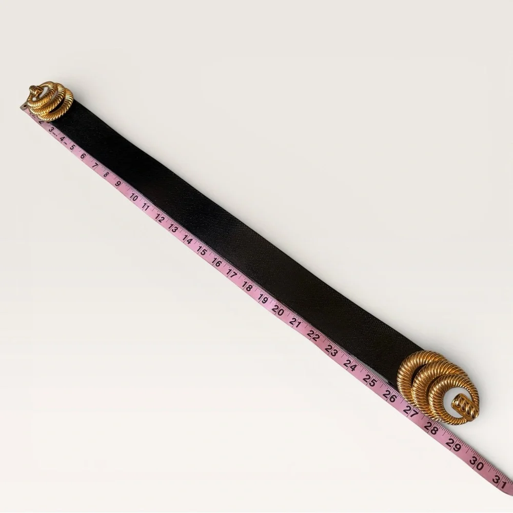 Vintage 90s Accessocraft Gold Belt Buckle w/ Black Snakeskin Leather Belt 29” - Picture 8 of 12